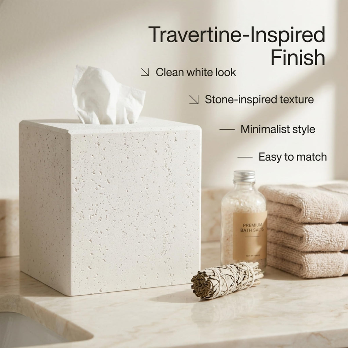 White Tissue Box Cover, Modern Square Decorative Tissue Box Holder with Travertine-Inspired Finish, Removable Magnetic Base Lid - image 5