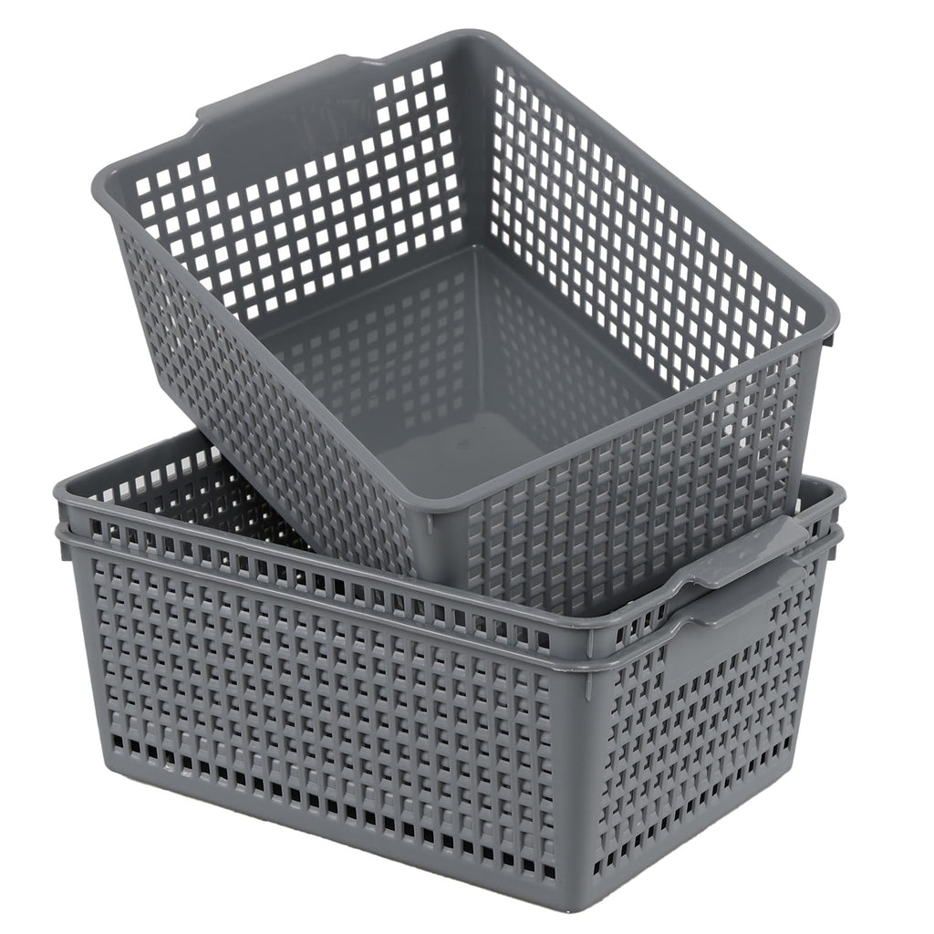 Afromy Set of 3 Plastic Storage Baskets, Rectangular Weave Storage Basket Bin, Grey - image 1