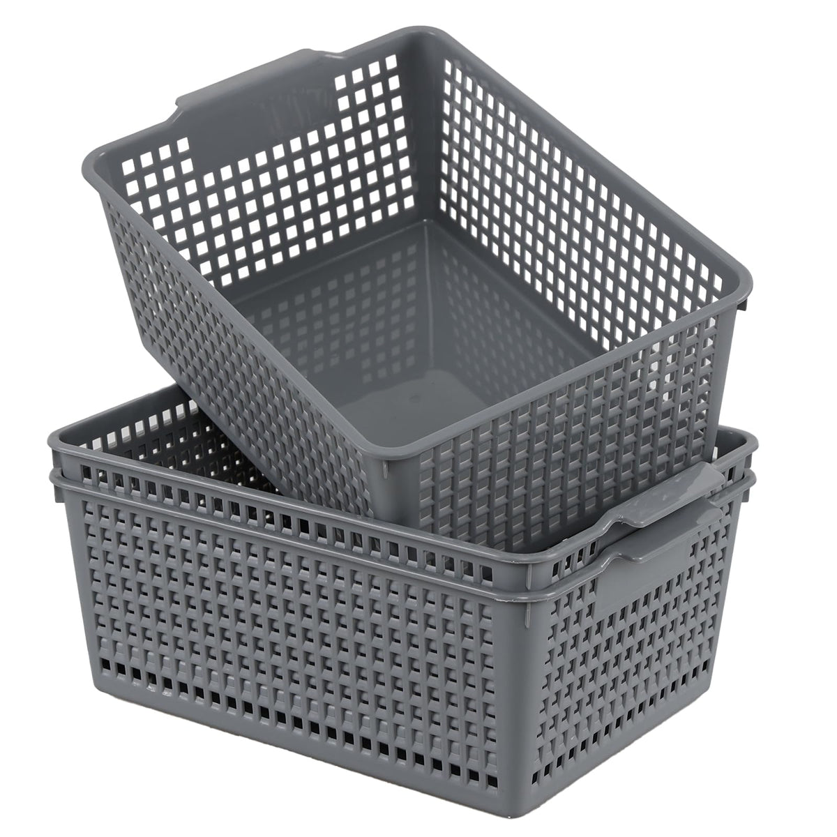 Afromy Set of 3 Plastic Storage Baskets, Rectangular Weave Storage Basket Bin, Grey - image 1