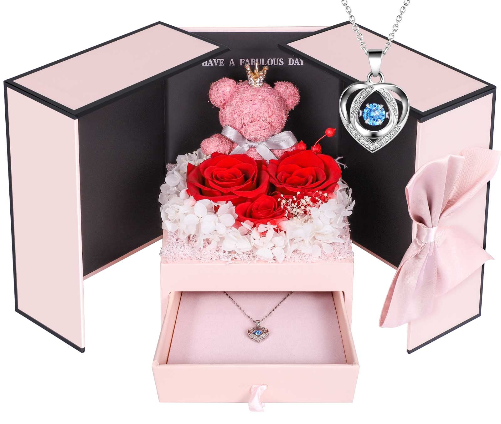 ADDWel Preserved Roses with 925 Sterling Silver Necklace & Moss Bear