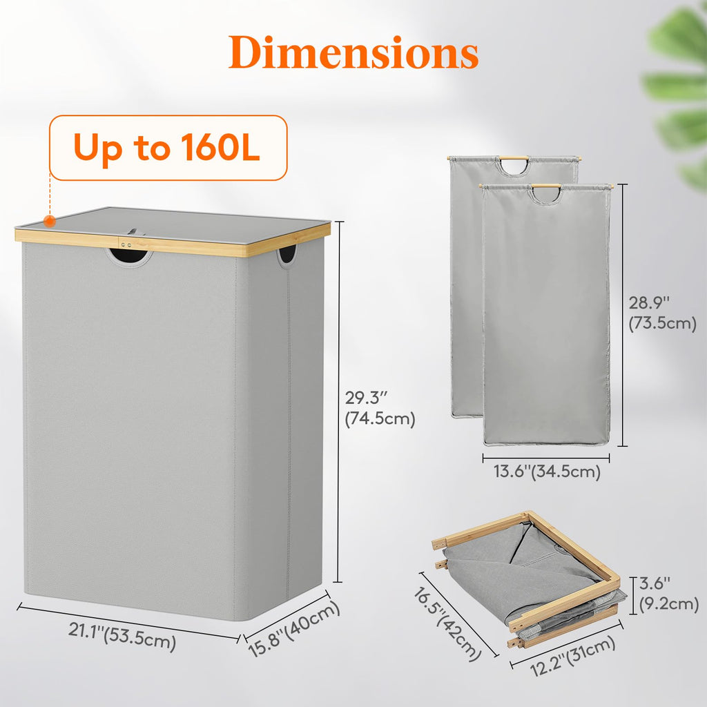 Lifewit 160L Double Laundry Hamper | Extra Large Bamboo Sorting Basket