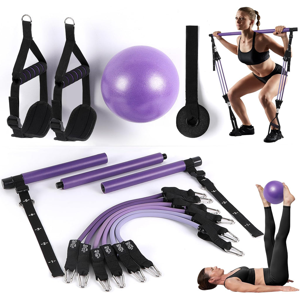 ALongSong Pilates Bar Set | 6 Latex Resistance Bands & Door Anchor Kit
