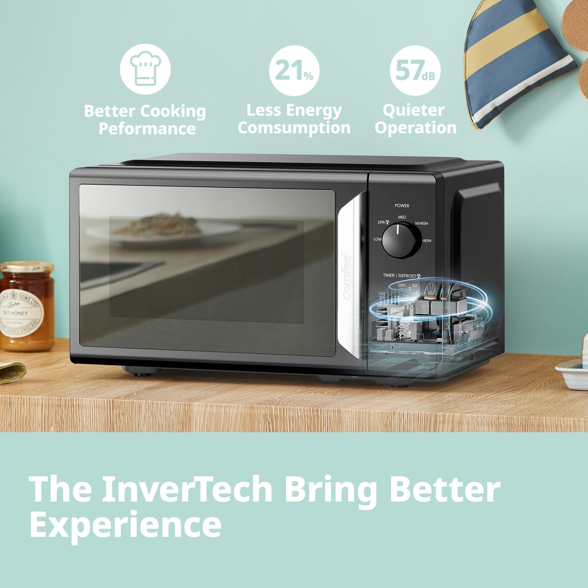 COMFEE' 19L Compact Mini Microwave Oven | 700W Inverter Tech – Black Mirror