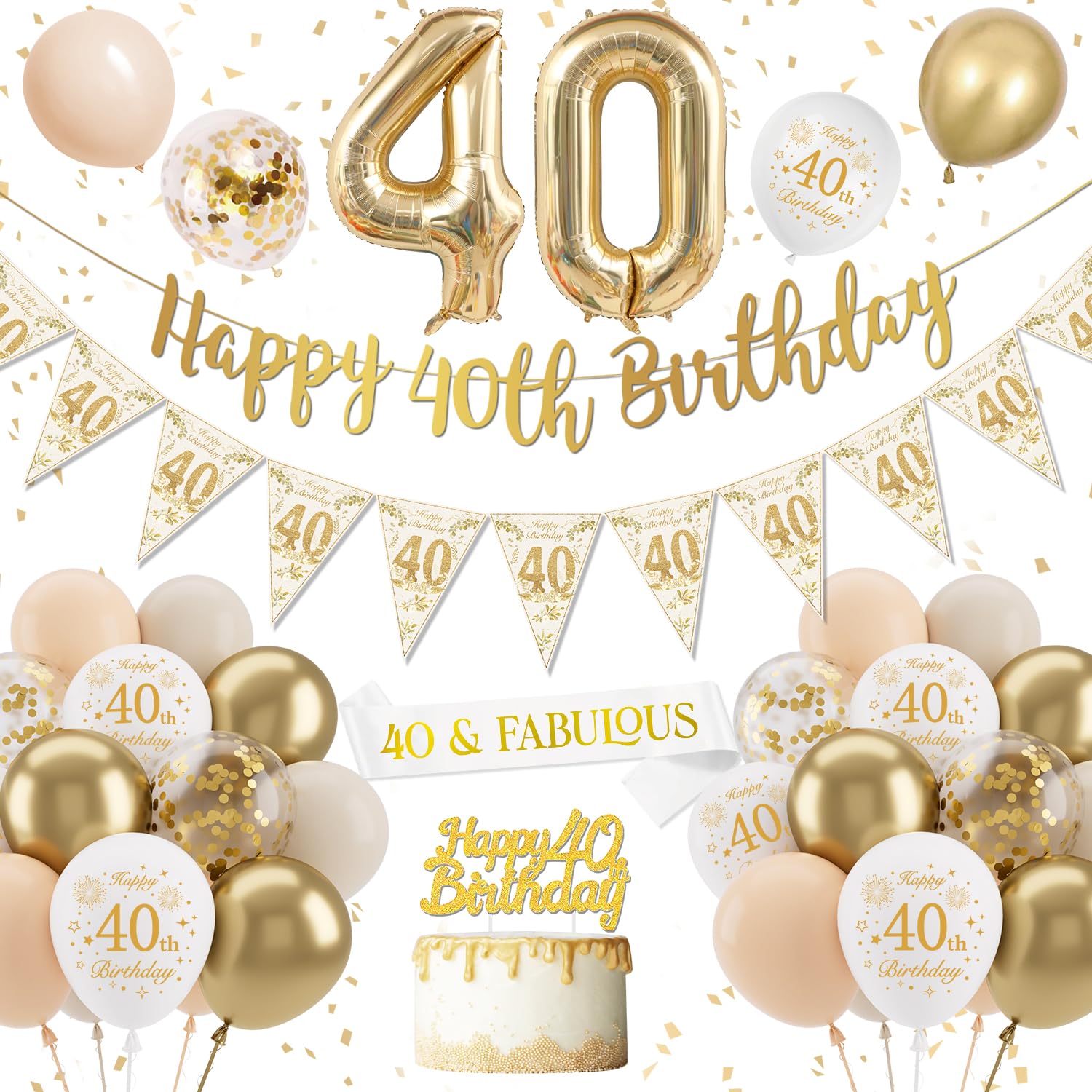 Jolof Store 40th Birthday Decoration Kit - Gold and White Party Supplies