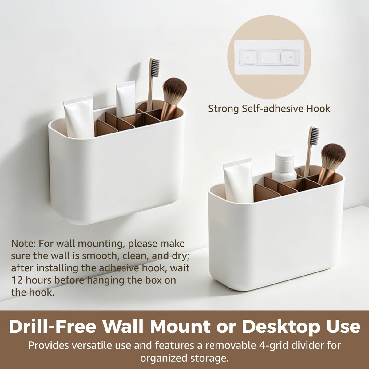 Wall Mounted Toothbrush Holder, Multifunctional Bathroom Storage Organizer Box with Removable Divider, No Drill Installation for Cosmetics - image 3