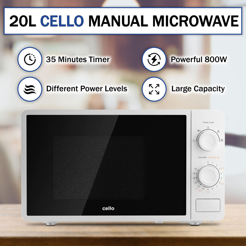 Cello 800W Microwave Oven | 20L Capacity with Defrost Function - White