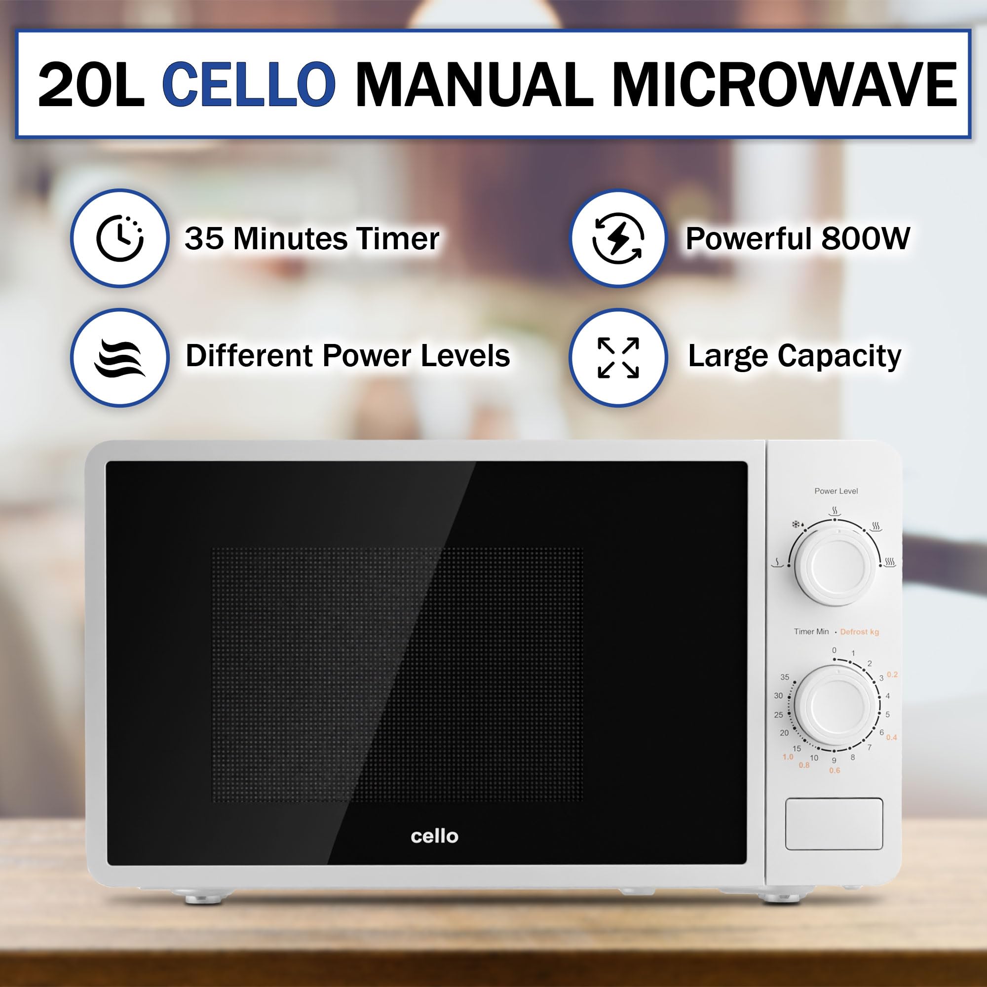 Cello 800W Microwave Oven | 20L Capacity with Defrost Function - White