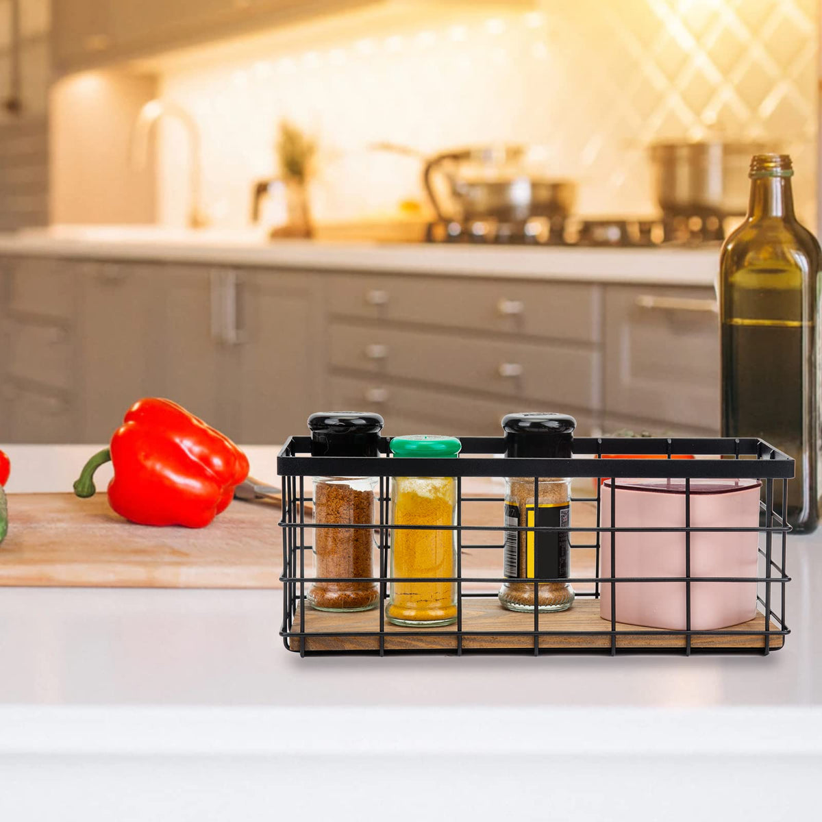 TIEYIPIN Farmhouse Decor Metal Wire Storage Baskets, Wood Base Containers Organizing Basket Caddy Bin for Kitchen Cabinets, Bathroom, Pantry, Garage - image 3