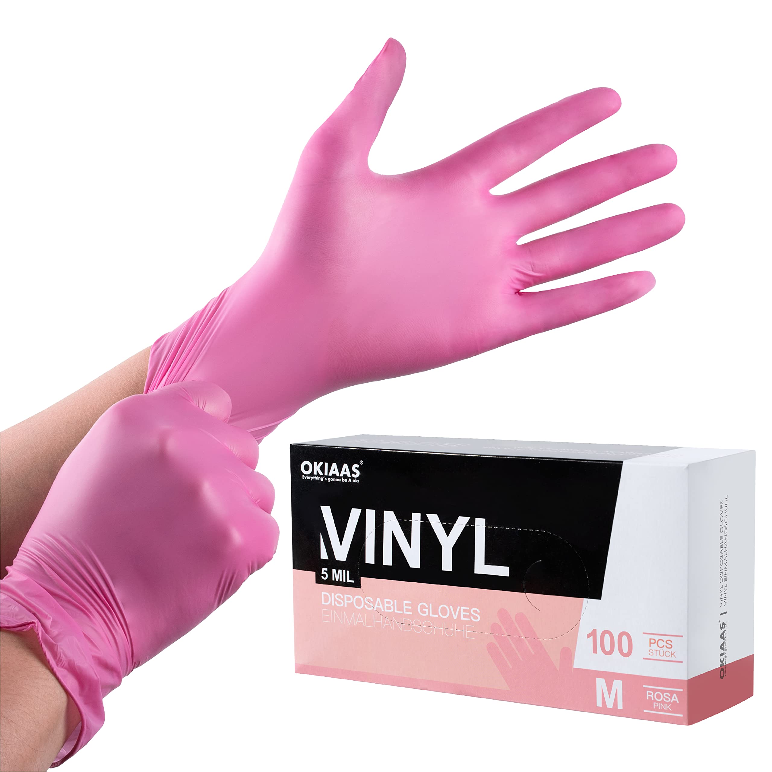 OKIAAS Pink Vinyl Gloves - Latex-Free Food Safe Disposable, 100 Count