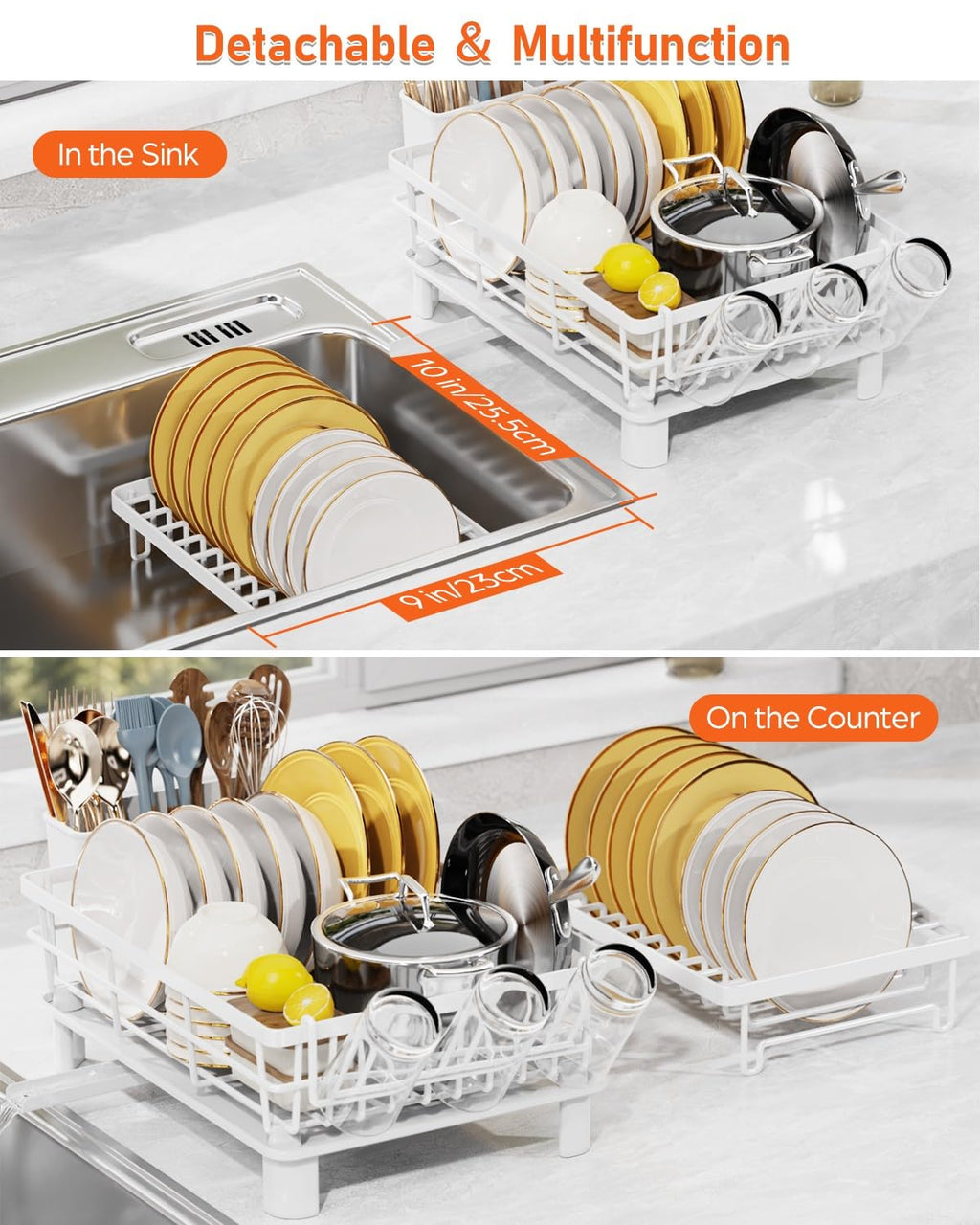 LIONONLY 2-Tier Dish Drying Rack with 360° Swivel Spout & Drip Tray