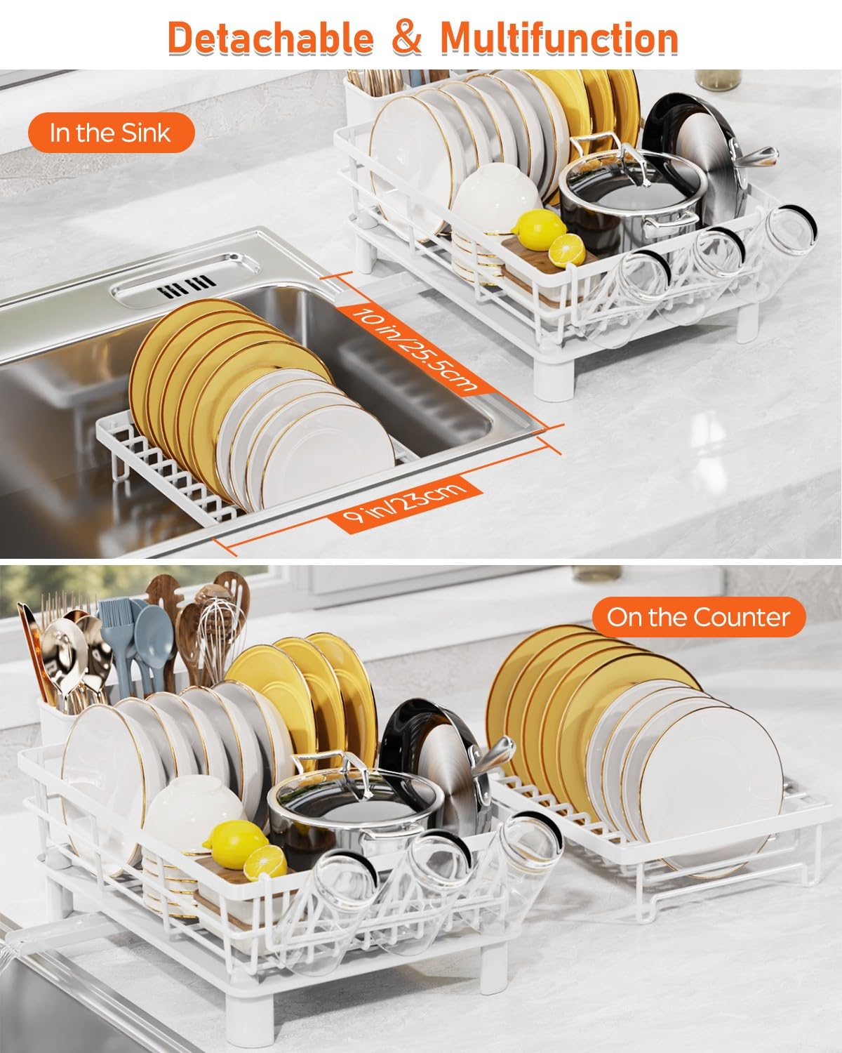 LIONONLY 2-Tier Dish Drying Rack with 360° Swivel Spout & Drip Tray