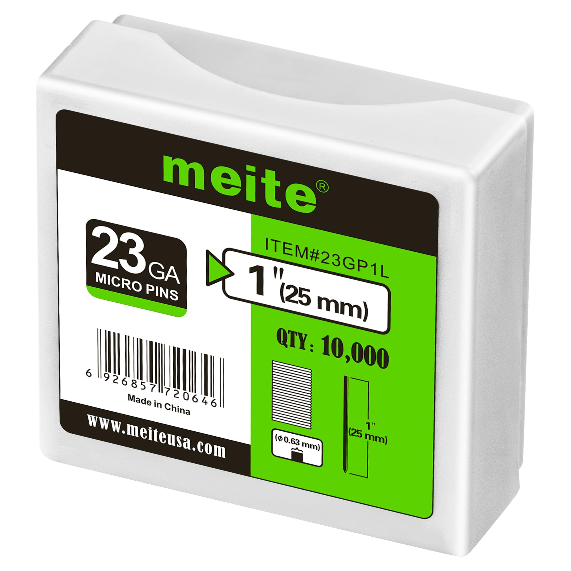 Meite 23 Gauge Pin Nails | 25mm Galvanised Headless Brads (10,000ct)