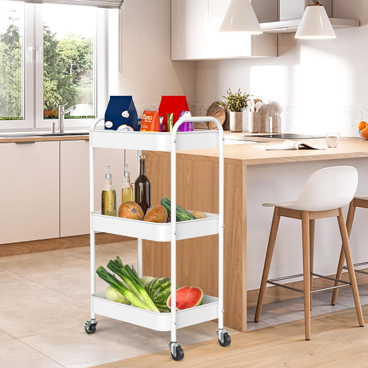 PNVXNUS 3-Tier Rolling Cart, Metal Utility Storage Carts with Wheels,White - image 5