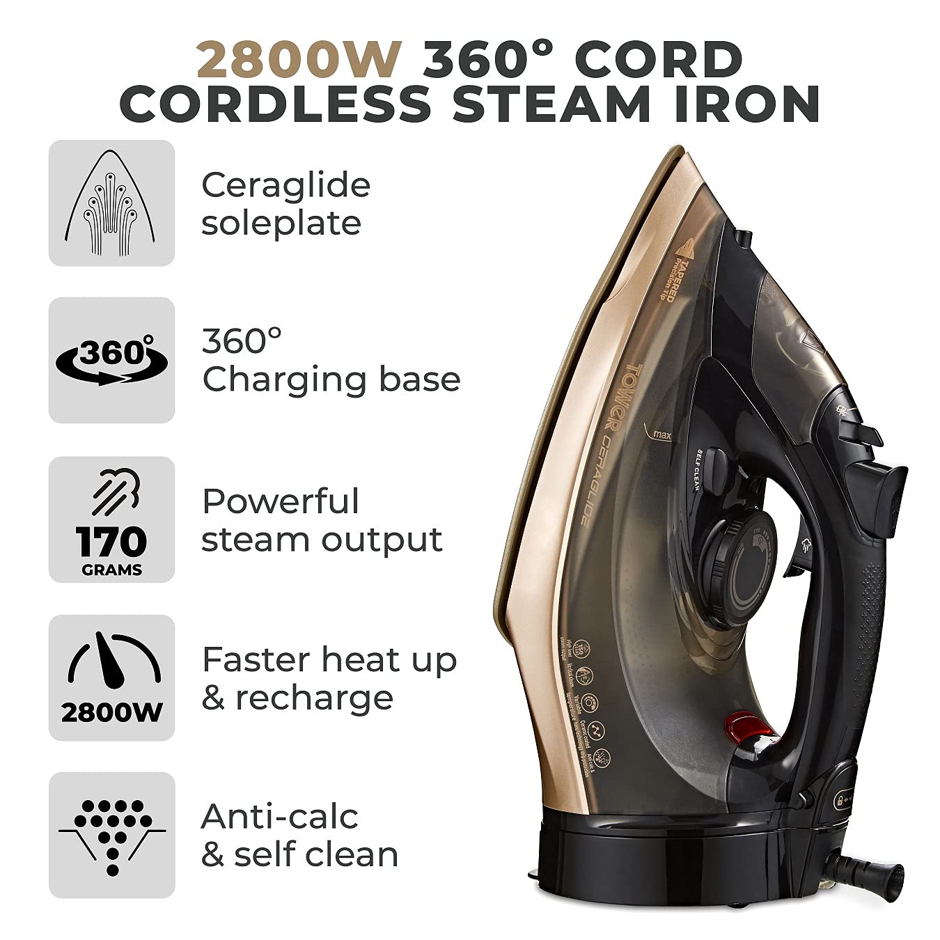 Tower Ceraglide 360 Cordless Steam Iron | 2800W Ceramic Soleplate