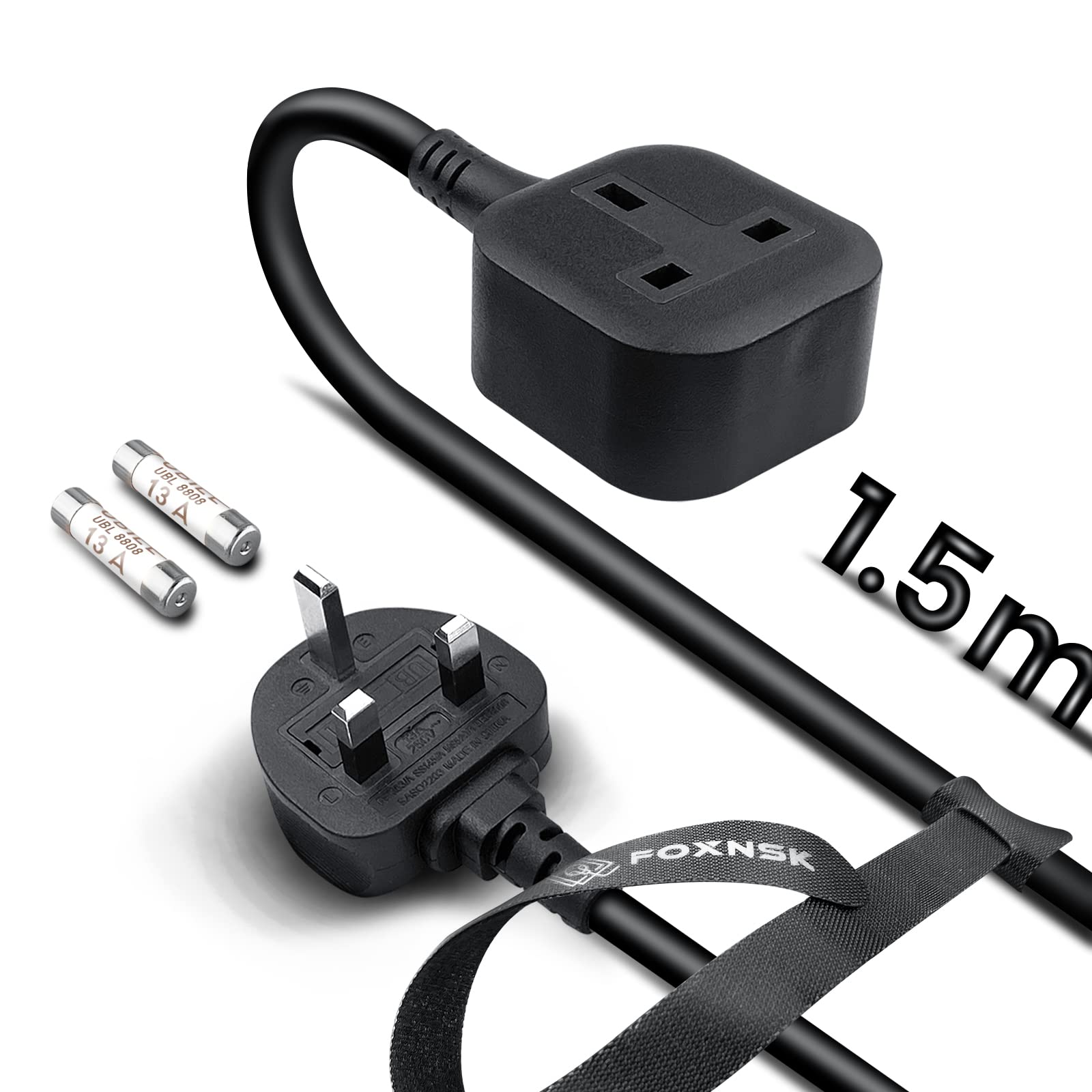 FOXNSK 1.5M Single Plug Extension Lead – 13A Surge Protected Rubber