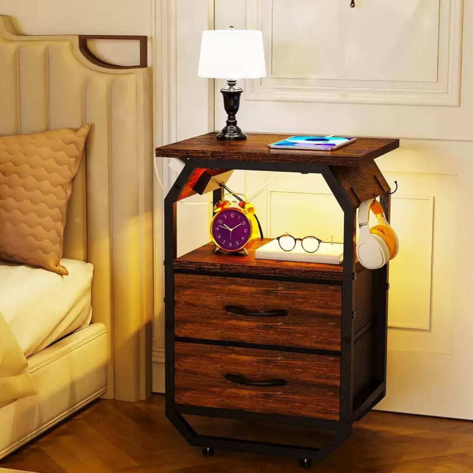 LED Bedside Table with Charging Station & 2 Drawers