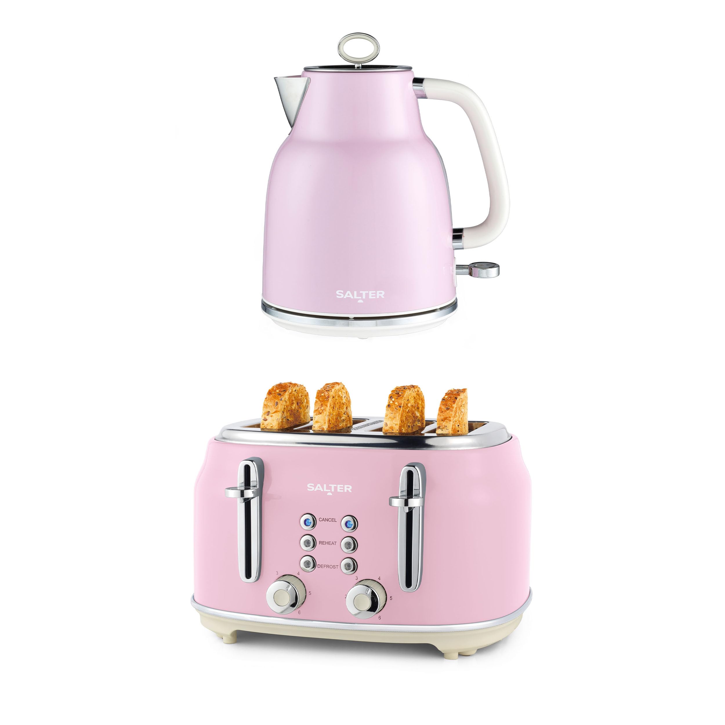 Salter Retro Pink Kettle and 4-Slice Toaster Set | 1.7L Fast Boil