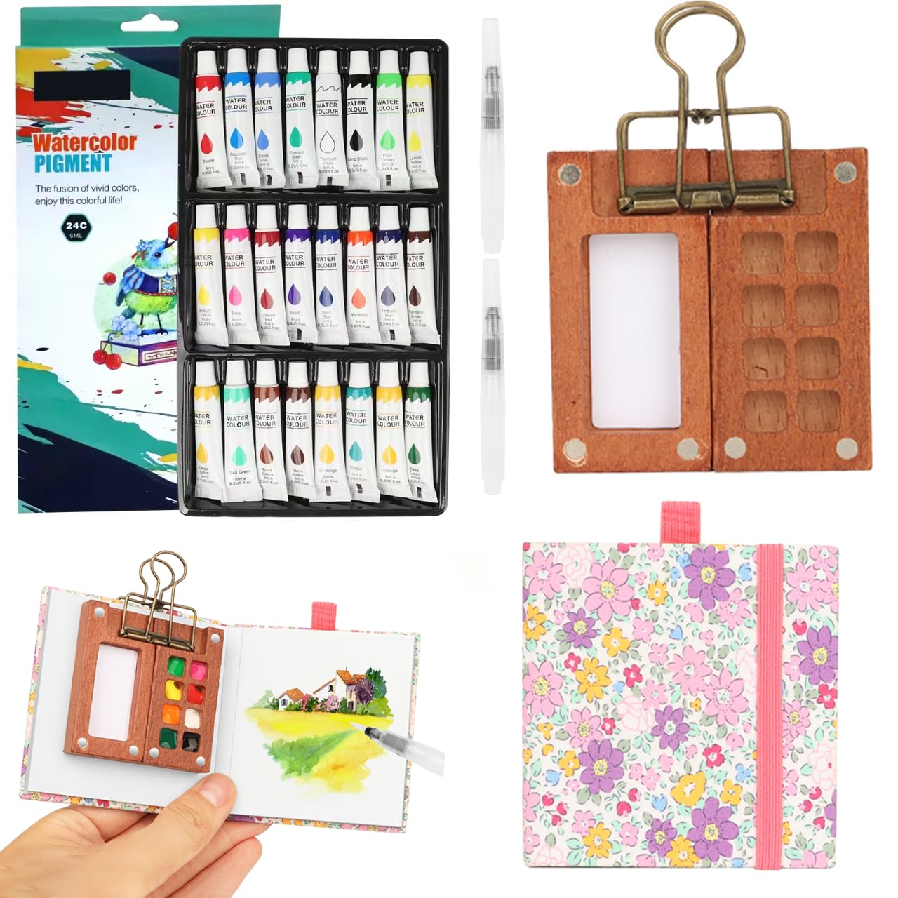 Travel Watercolor Set | 8-Grid Walnut Wood Palette & 18 Colors