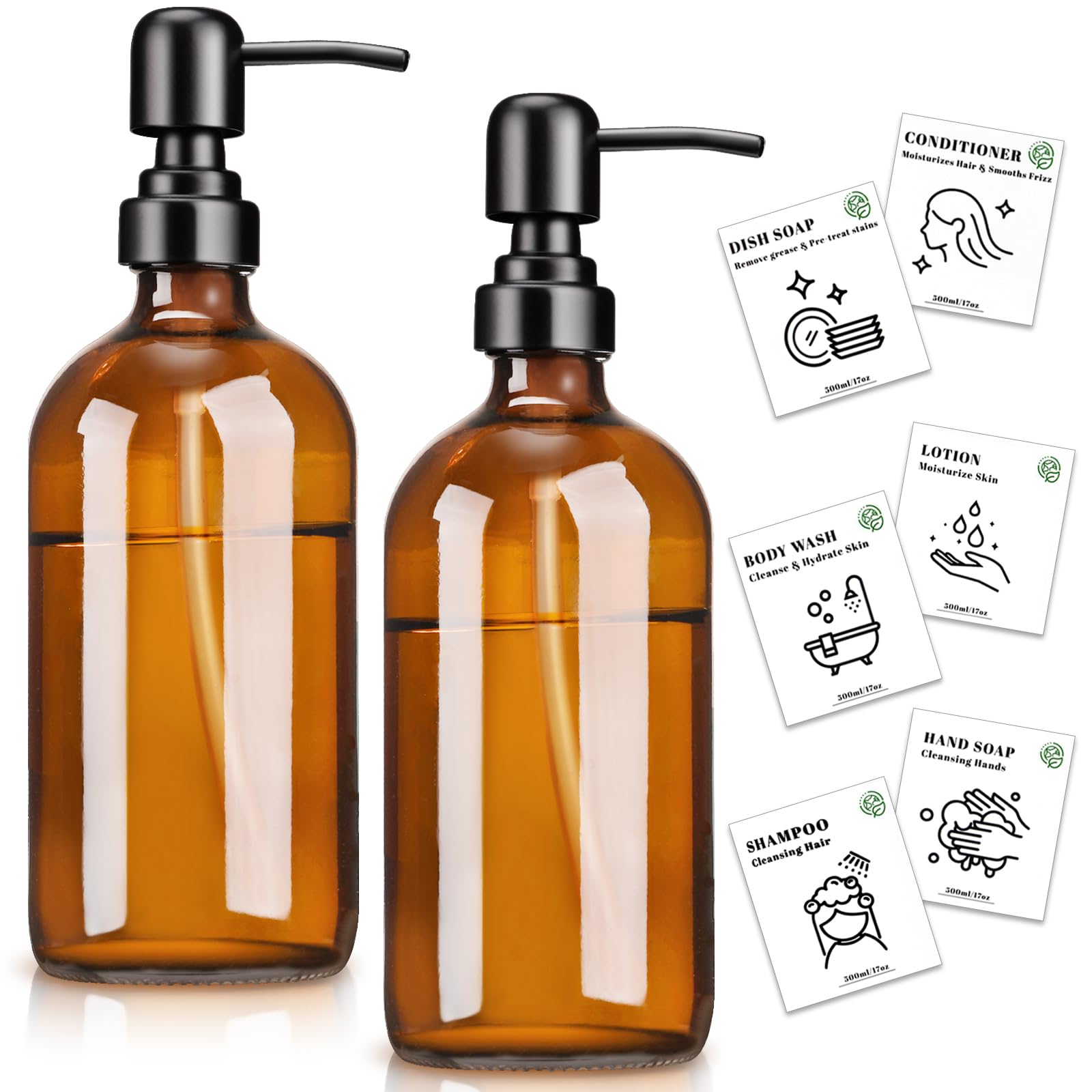 Euqvunn 500ml Amber Glass Soap Dispenser | 2 Pack with Stainless Steel Pump