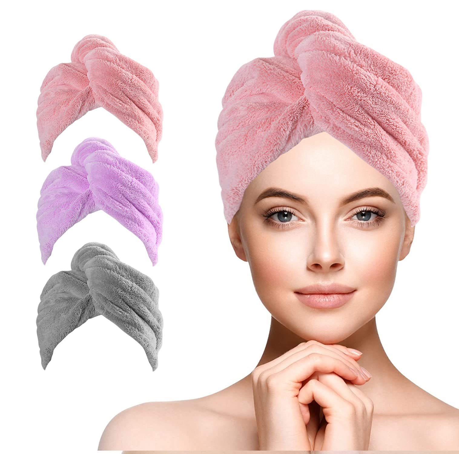 URAQT Microfiber Hair Drying Towel Wrap – 3 Pack Super Absorbent Turban