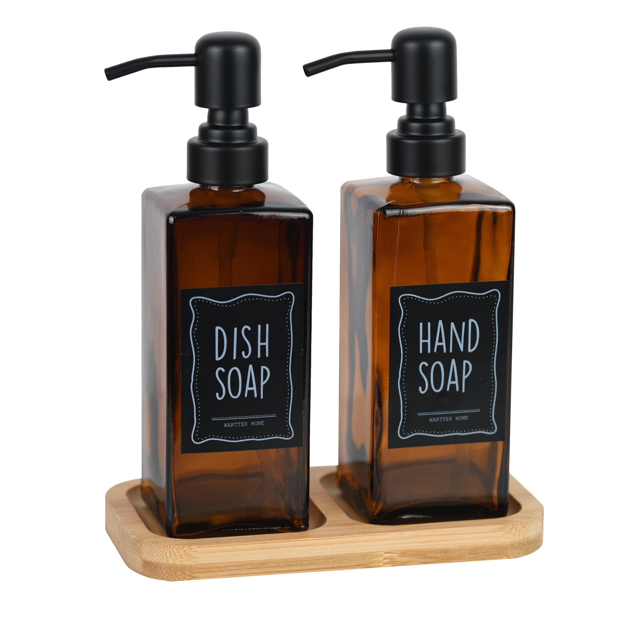 Amber Glass Soap Dispenser Set with Bamboo Tray – 2 Pack