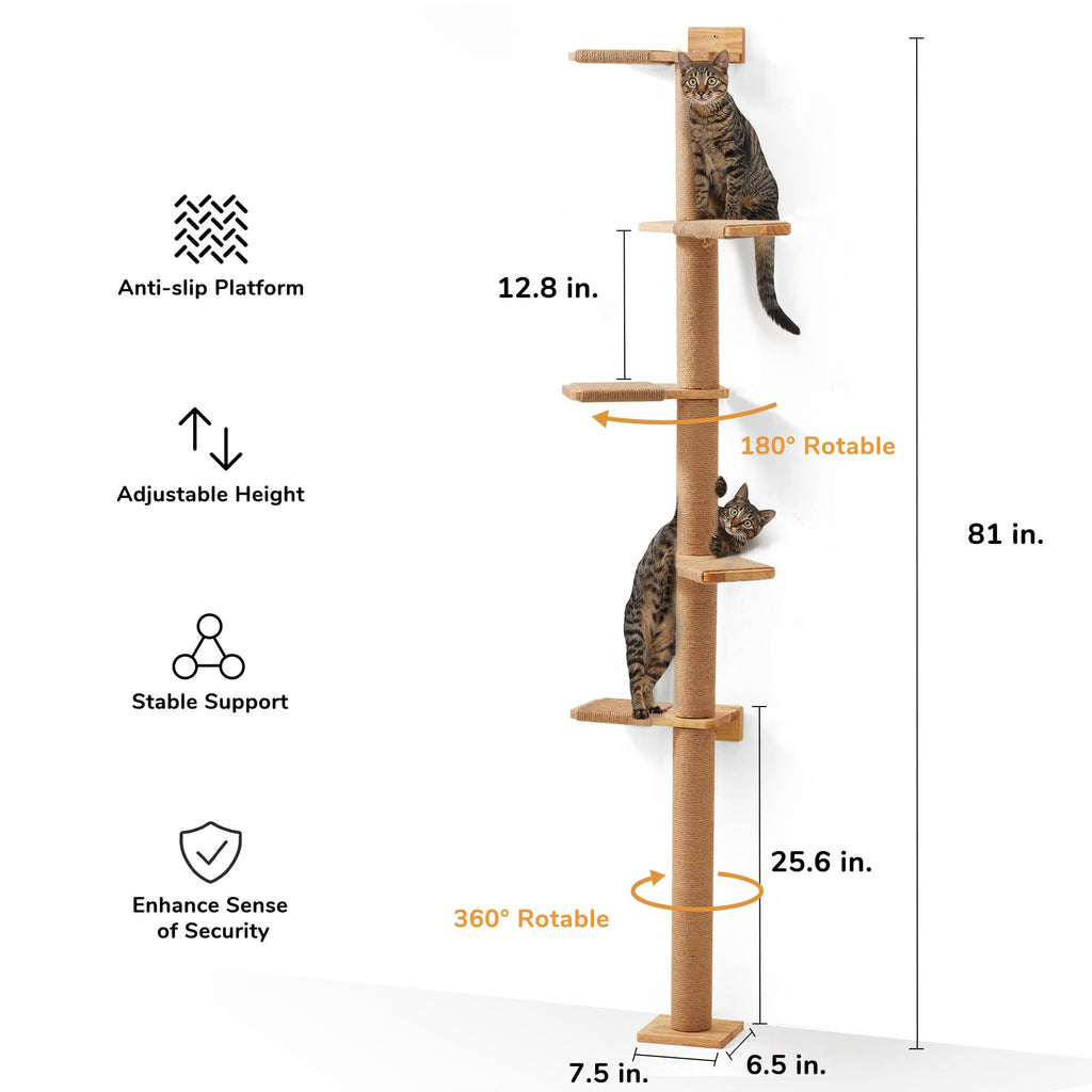 FUKUMARU Tall Cat Tree | 5-Tier Floor to Ceiling Wall-Mounted Wood Tower