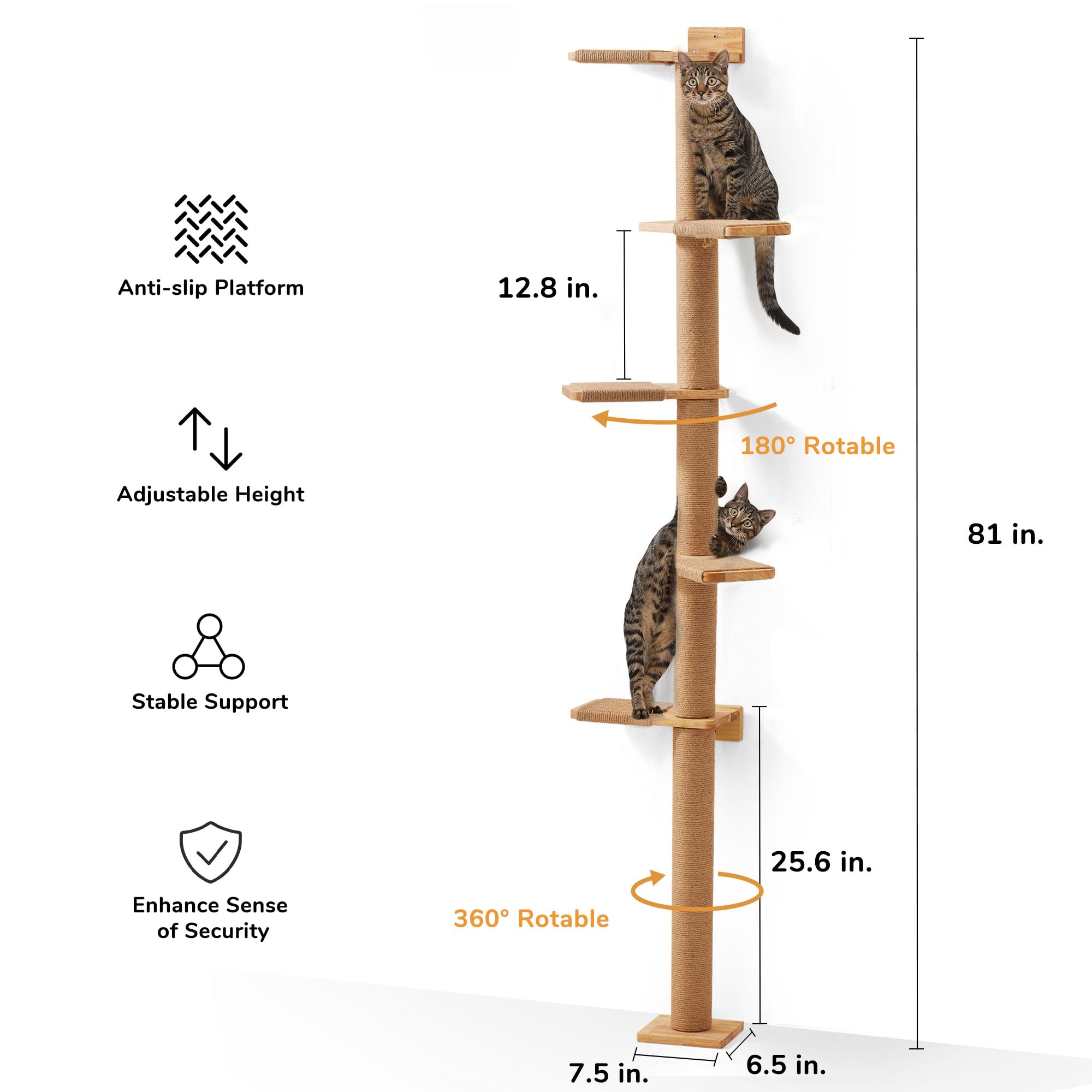 FUKUMARU Tall Cat Tree | 5-Tier Floor to Ceiling Wall-Mounted Wood Tower