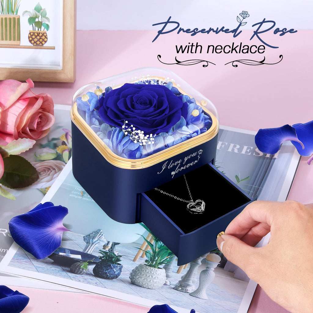 Firestyle Preserved Blue Real Rose with 100 Languages Love Necklace