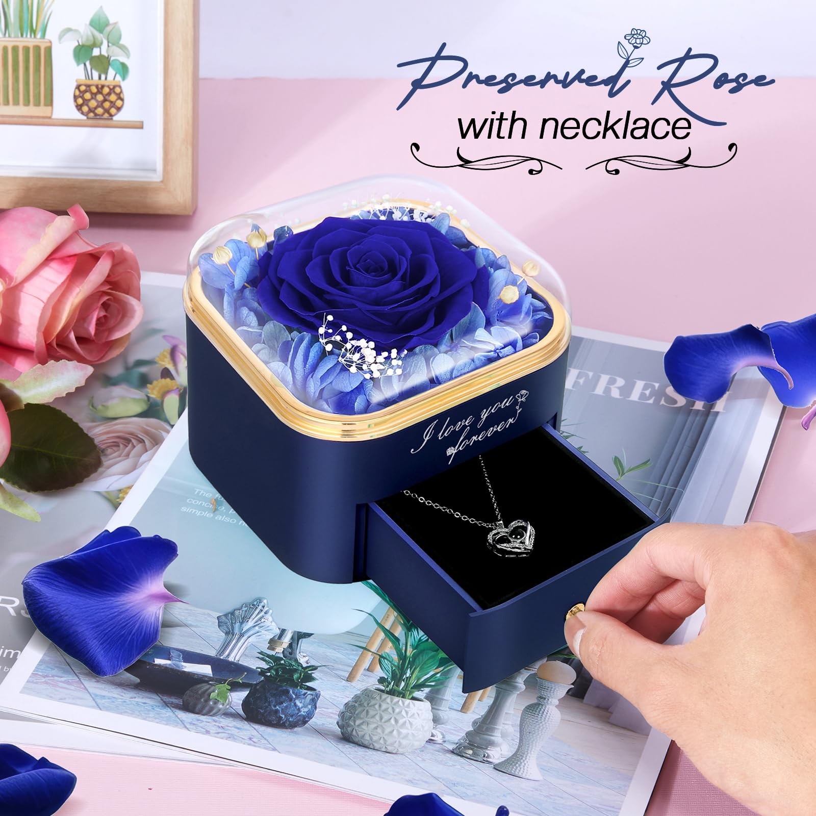 Firestyle Preserved Blue Real Rose with 100 Languages Love Necklace