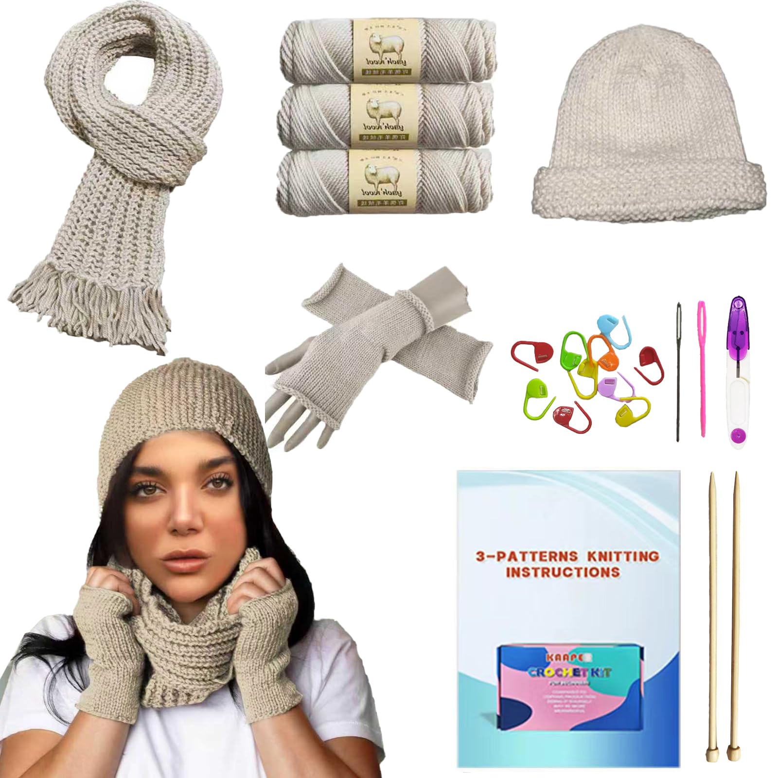 Kaaper Beginner Knitting Kit for Adults & Kids – Khaki Yarn & Needle Set