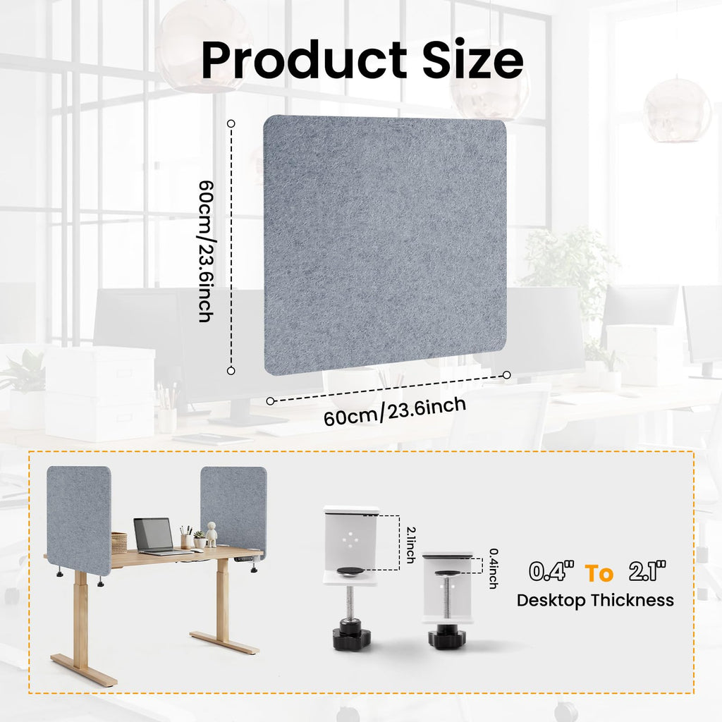 Felt Desk Divider, Clamp-On Privacy Panel, 60 x 60 cm, Light Grey - image 2