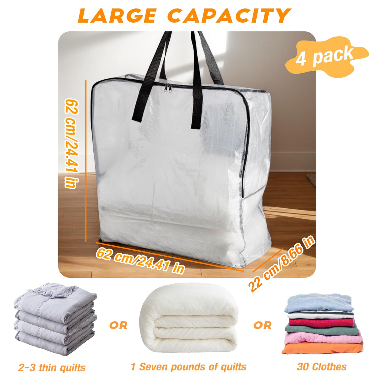 80L Clothes Storage Bags, 4 Pack Large Clear Capacity Clothes Organizer with Zips, Moisture proof - image 2