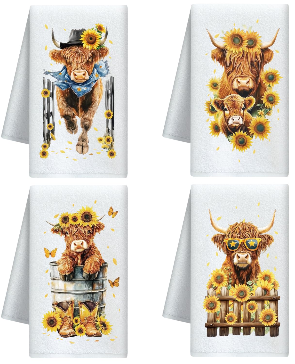 CUTHOLLOW Highland Cattle & Sunflower Microfiber Kitchen Towels – 4 Pack