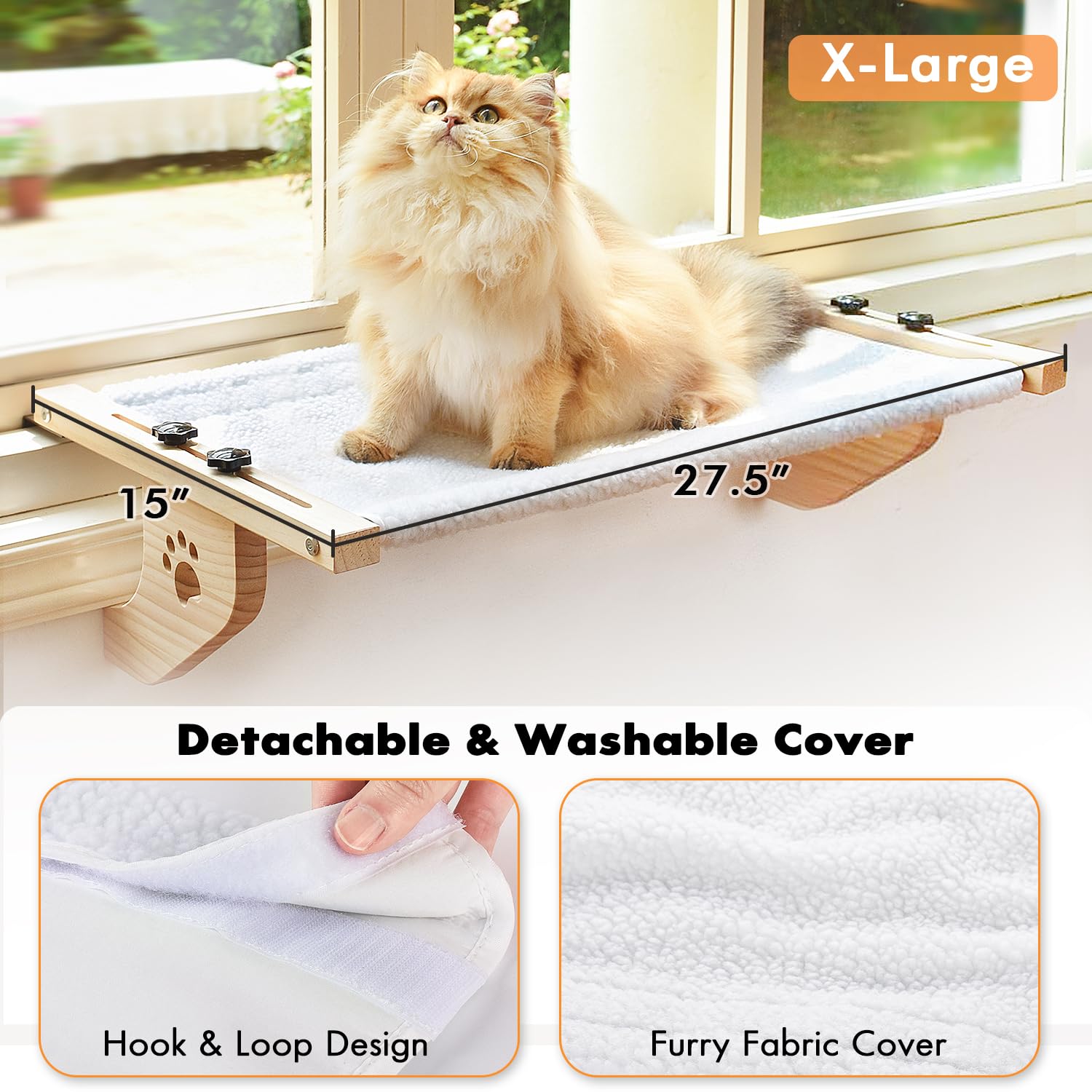 AMOSIJOY Cat Window Perch - Sturdy Wood & Metal Hammock for Large Cats