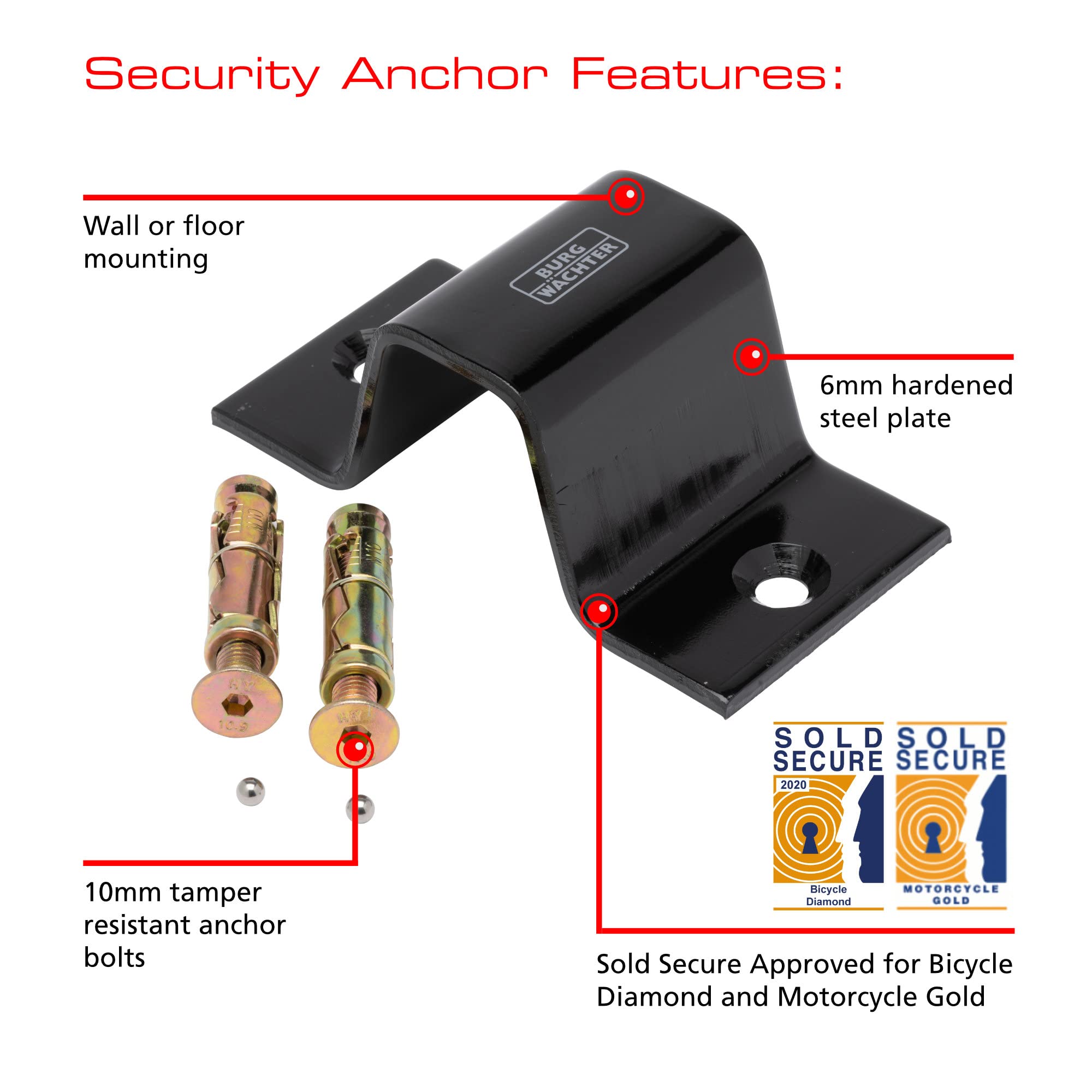 Burg Wachter 1M Sold Secure Gold Bike Lock & Ground Anchor Kit – Black