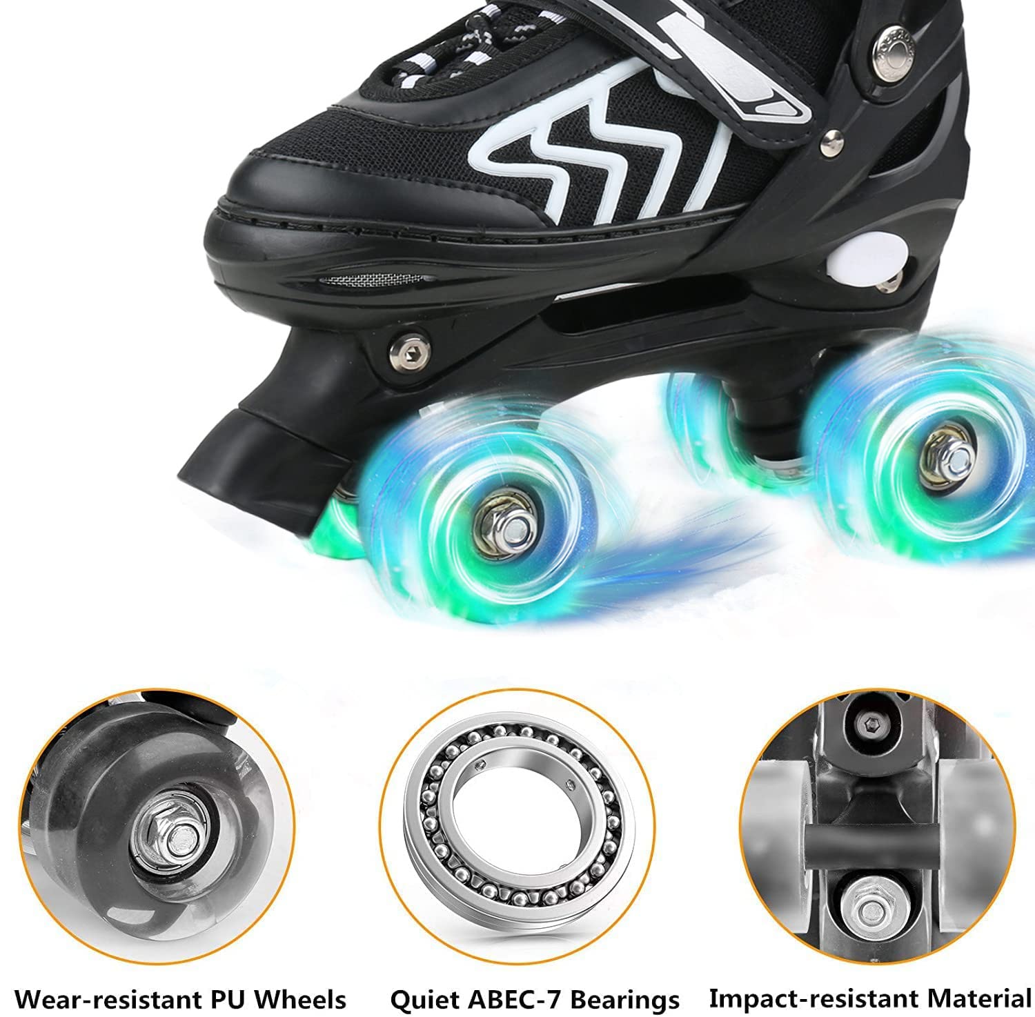Jolof Store Kids Adjustable Roller Skates | 8 Light Up Wheels | Black & White