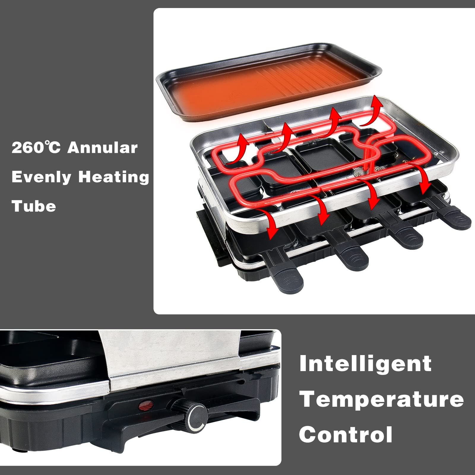 Hengbo 8 Person Raclette Grill – 1500W Non-Stick Indoor Electric BBQ