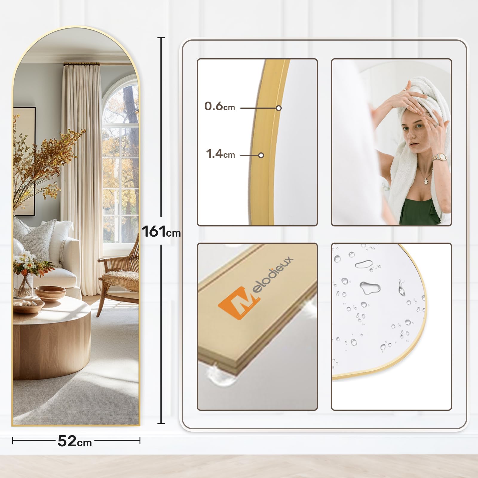 Melodieux Bogen Full Length Arch Mirror – 161x52cm Gold Aluminium Frame