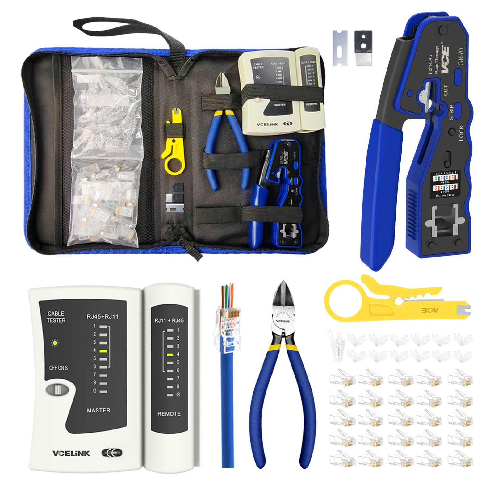 VCELINLK RJ45 Ethernet Crimp Tool Kit with Cat6 Connectors & Cable Tester