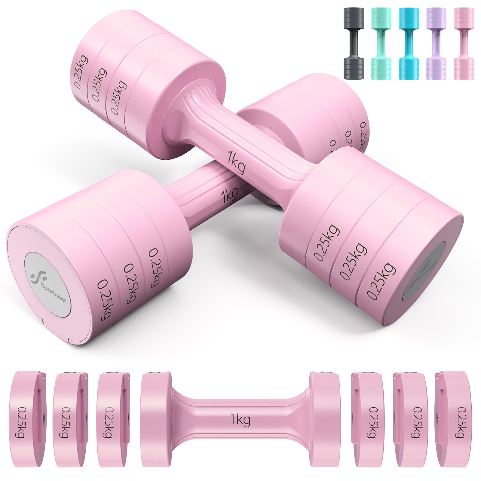 Sportneer Adjustable Dumbbells Set | 2kg-5kg Pair for Women | Sky Blue