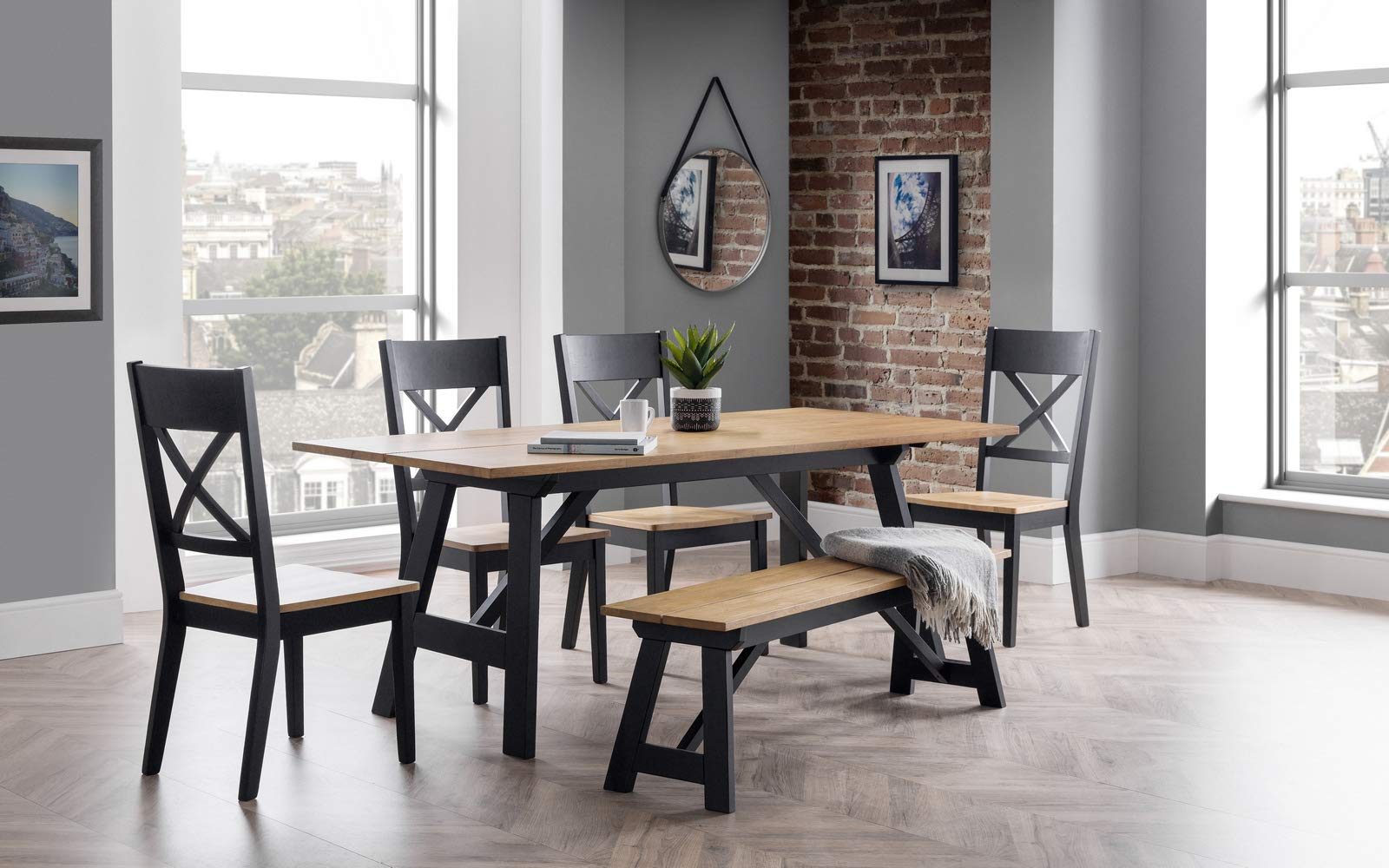 Julian Bowen Hockley Dining Bench – Solid Oak & Black Wood, 140cm
