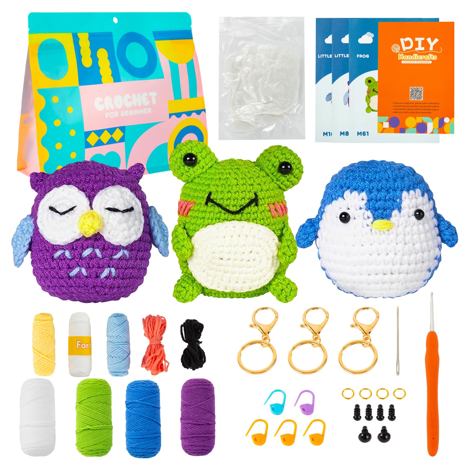 Cotaour 3-Piece Animal Crochet Kit for Beginners | Frog, Owl, Penguin