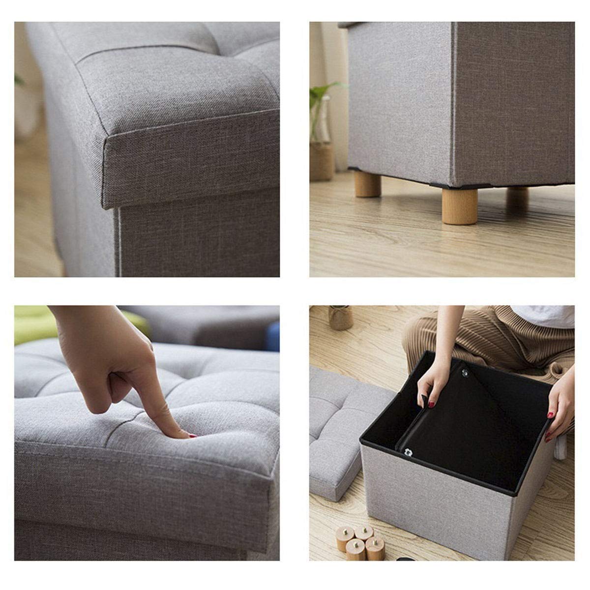 BRIAN & DANY Folding Storage Ottoman | Linen Footstool with Wood Legs