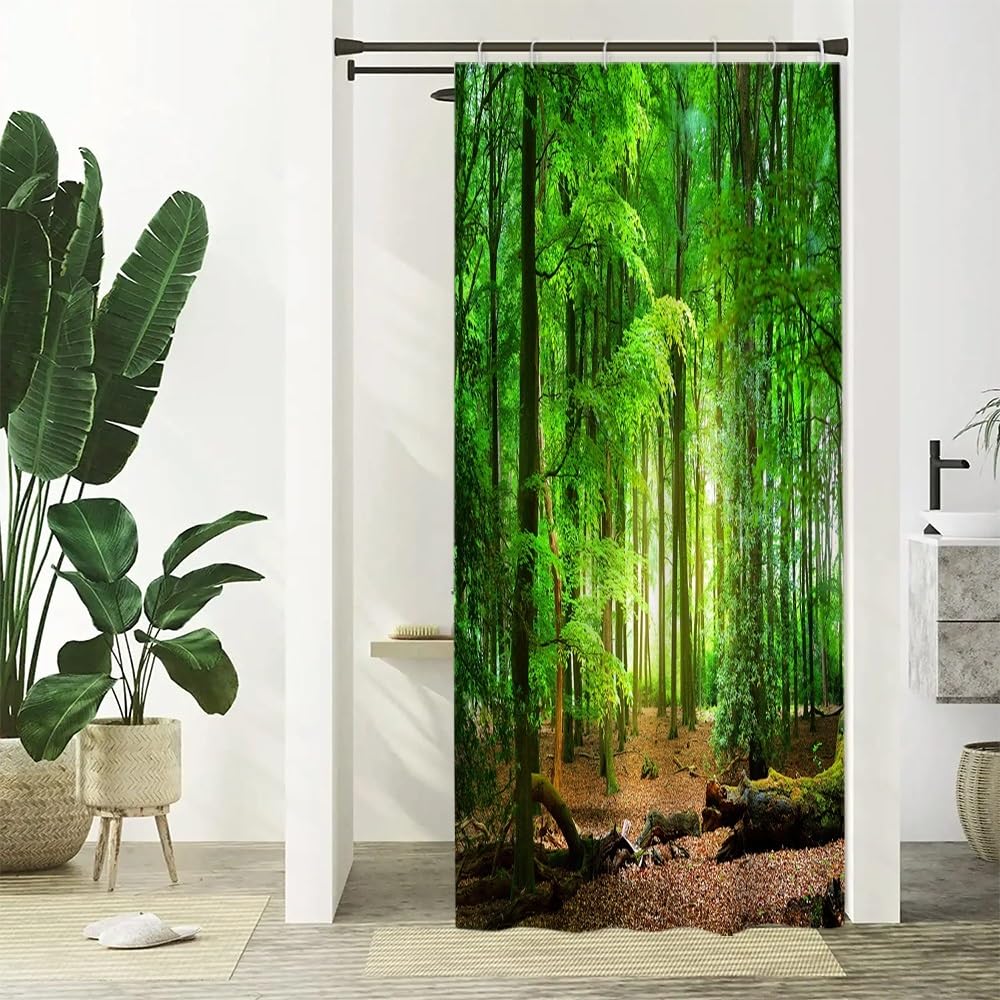 Uiiooazy Anti-Mould Shower Curtain - Forest Green Leaves Polyester - 90x180cm