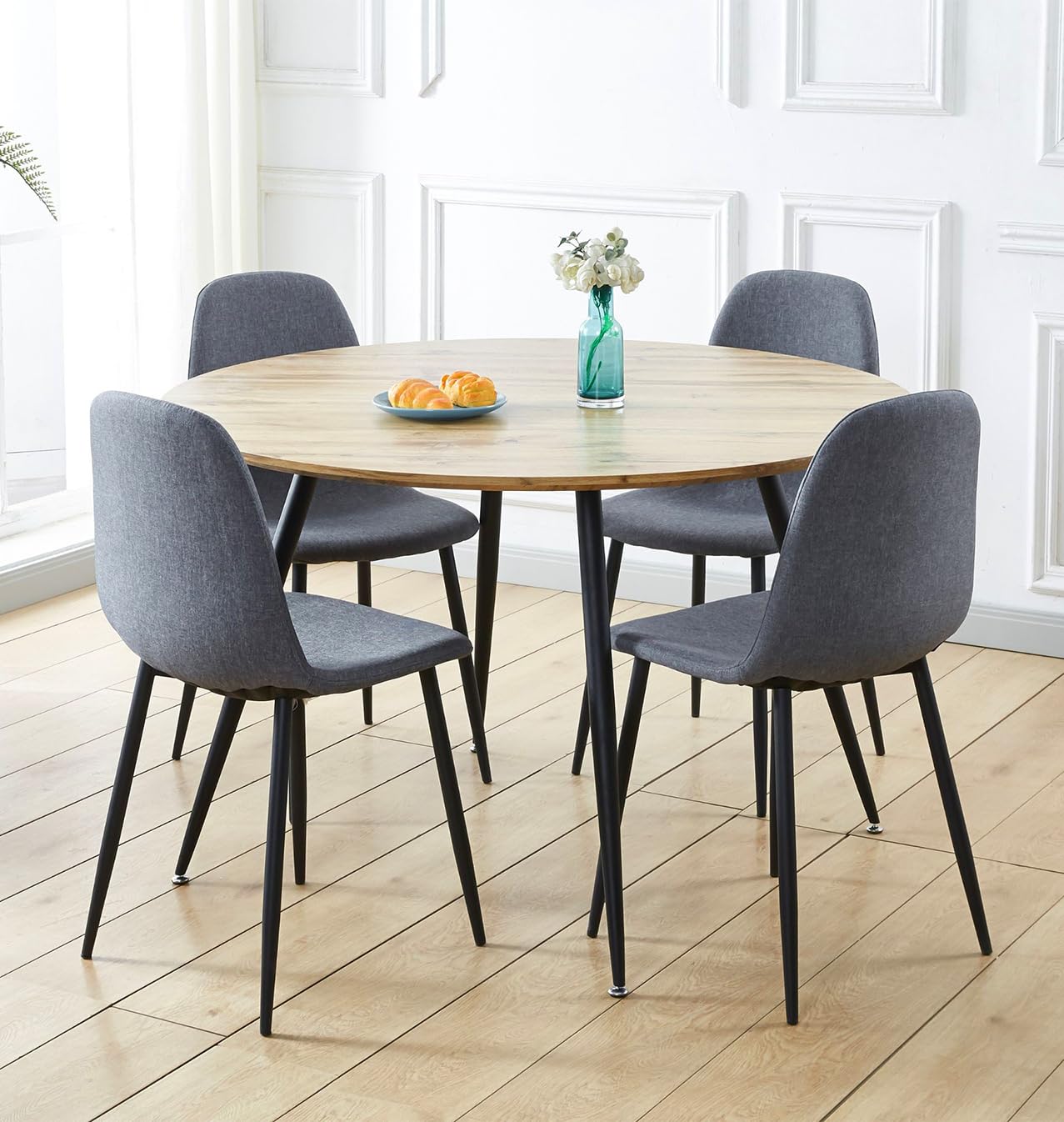 Hallowood Cullompton Round Dining Table and 4 Grey Fabric Chairs Set