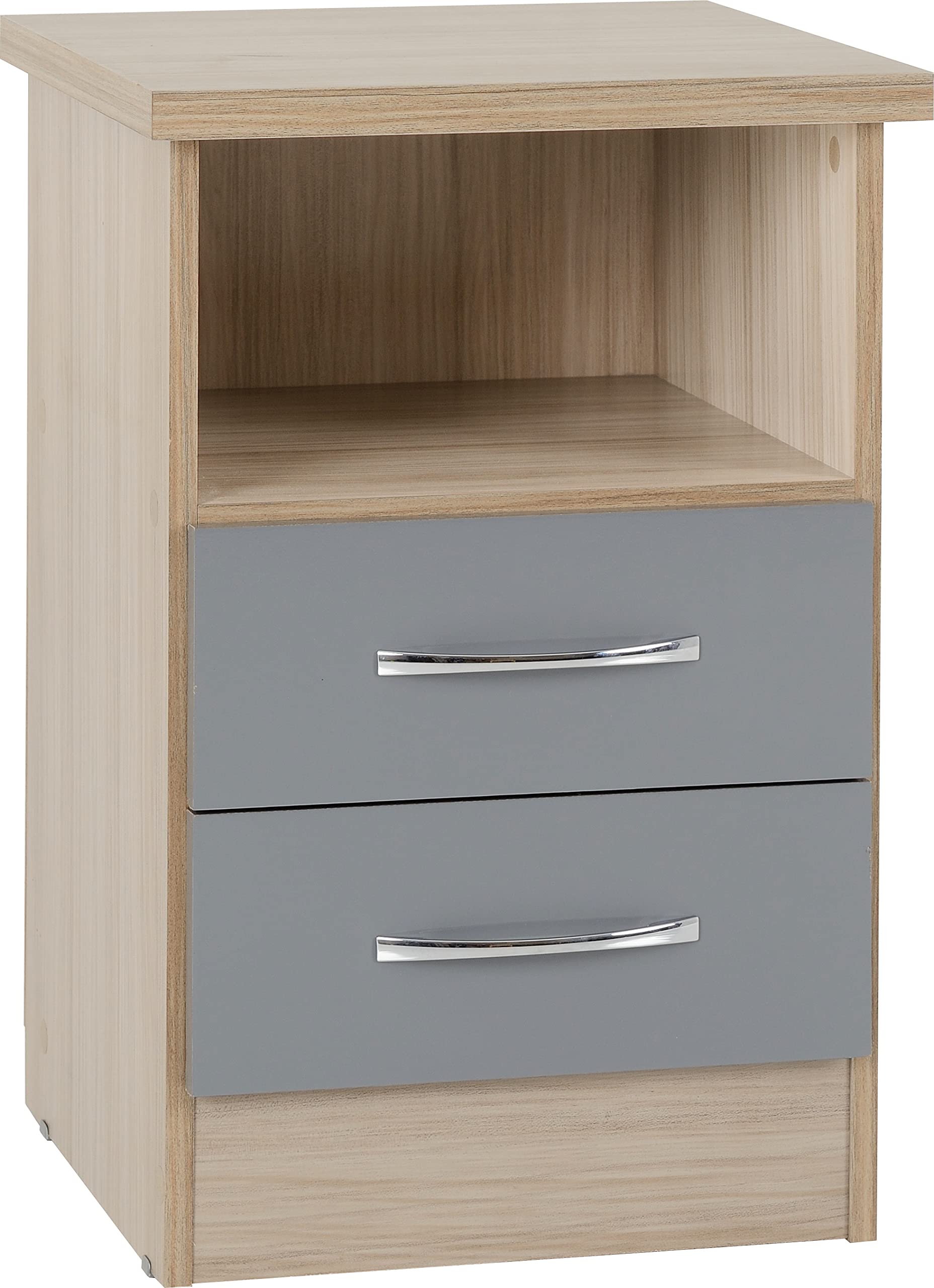 Seconique Nevada 2 Drawer Bedside Table - Grey Gloss & Light Oak