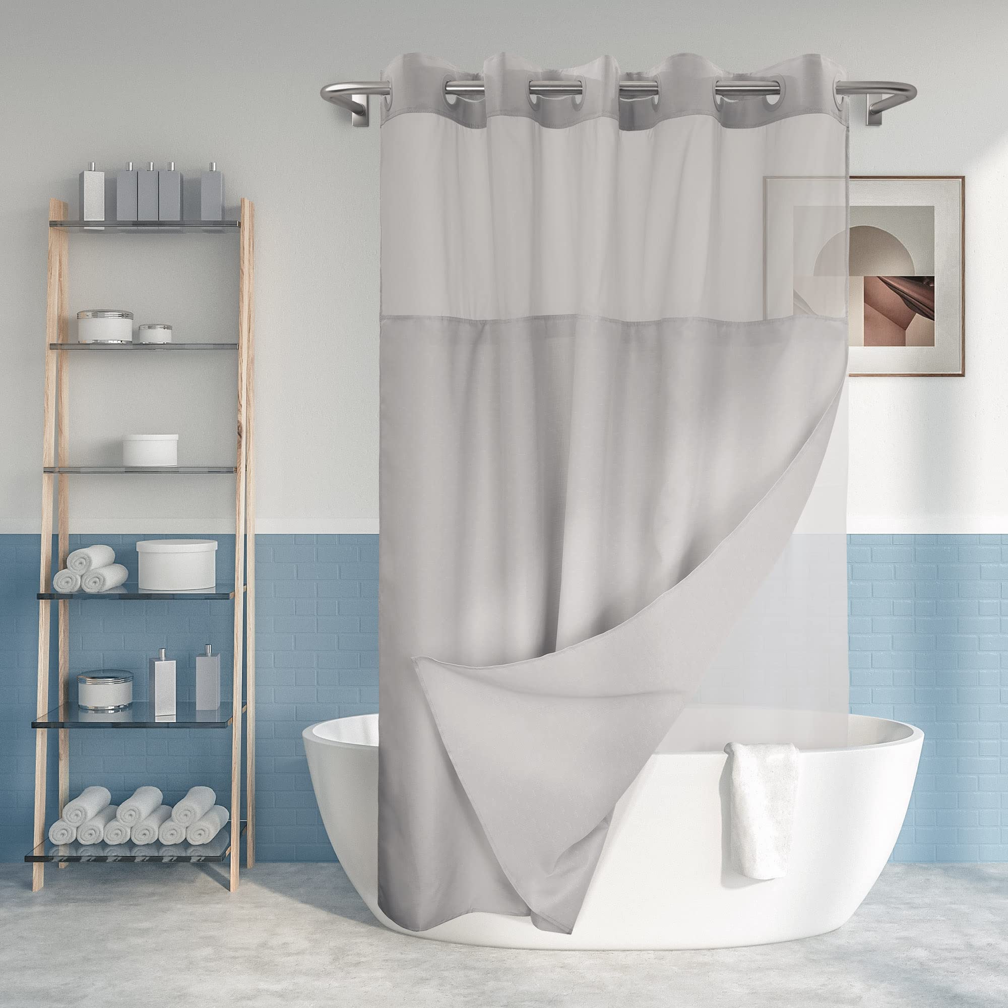 River Dream Long Slub Shower Curtain with Snap-in Liner – Grey, 71x80
