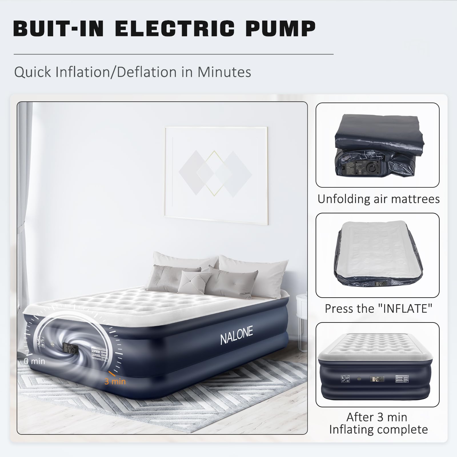 NALONE Queen Air Mattress with Built-in Pump – Self-Inflating Guest Bed