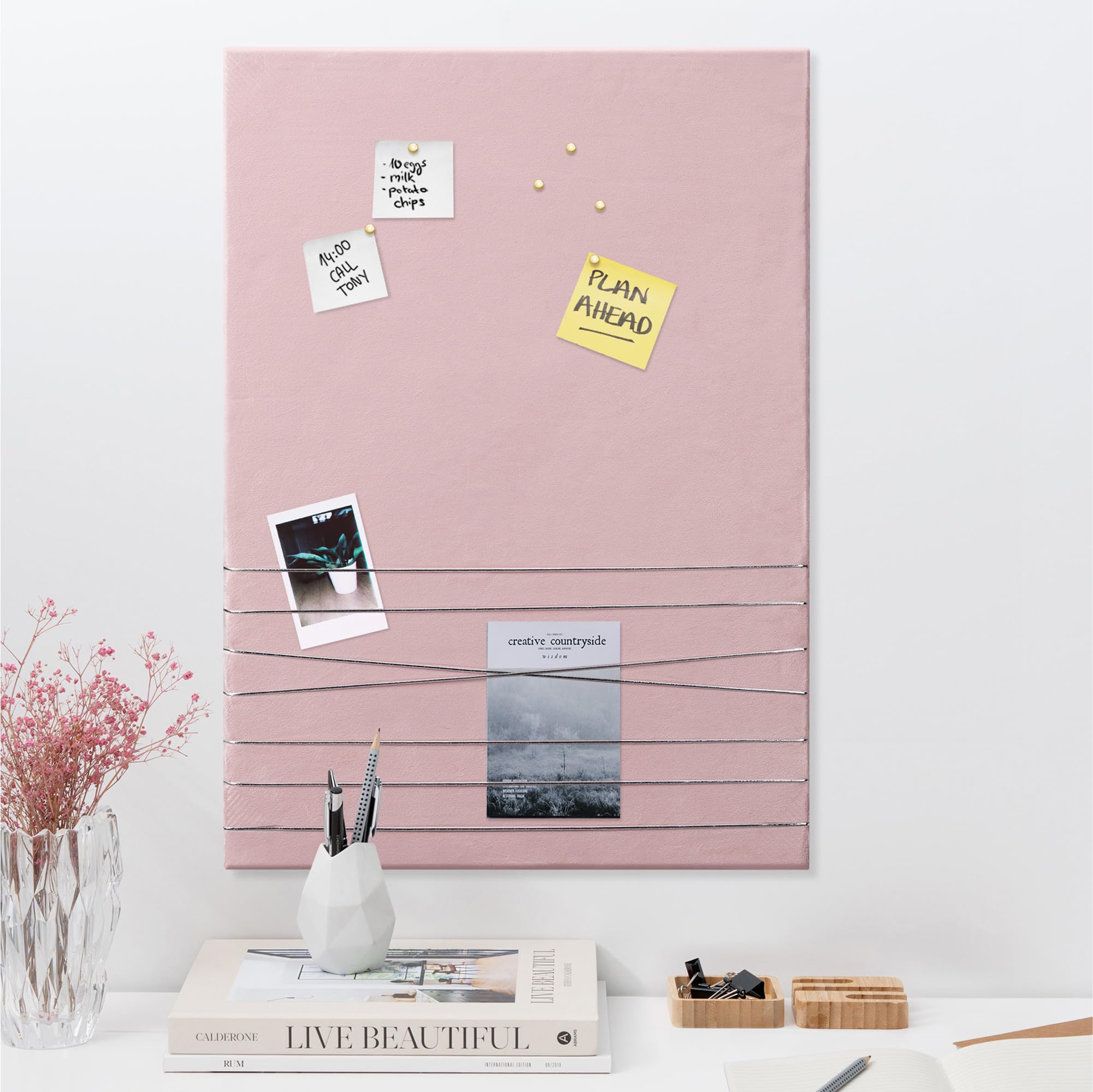 Navaris Large Velvet Photo Pin Board – Pink Wall Decor Memo Organizer