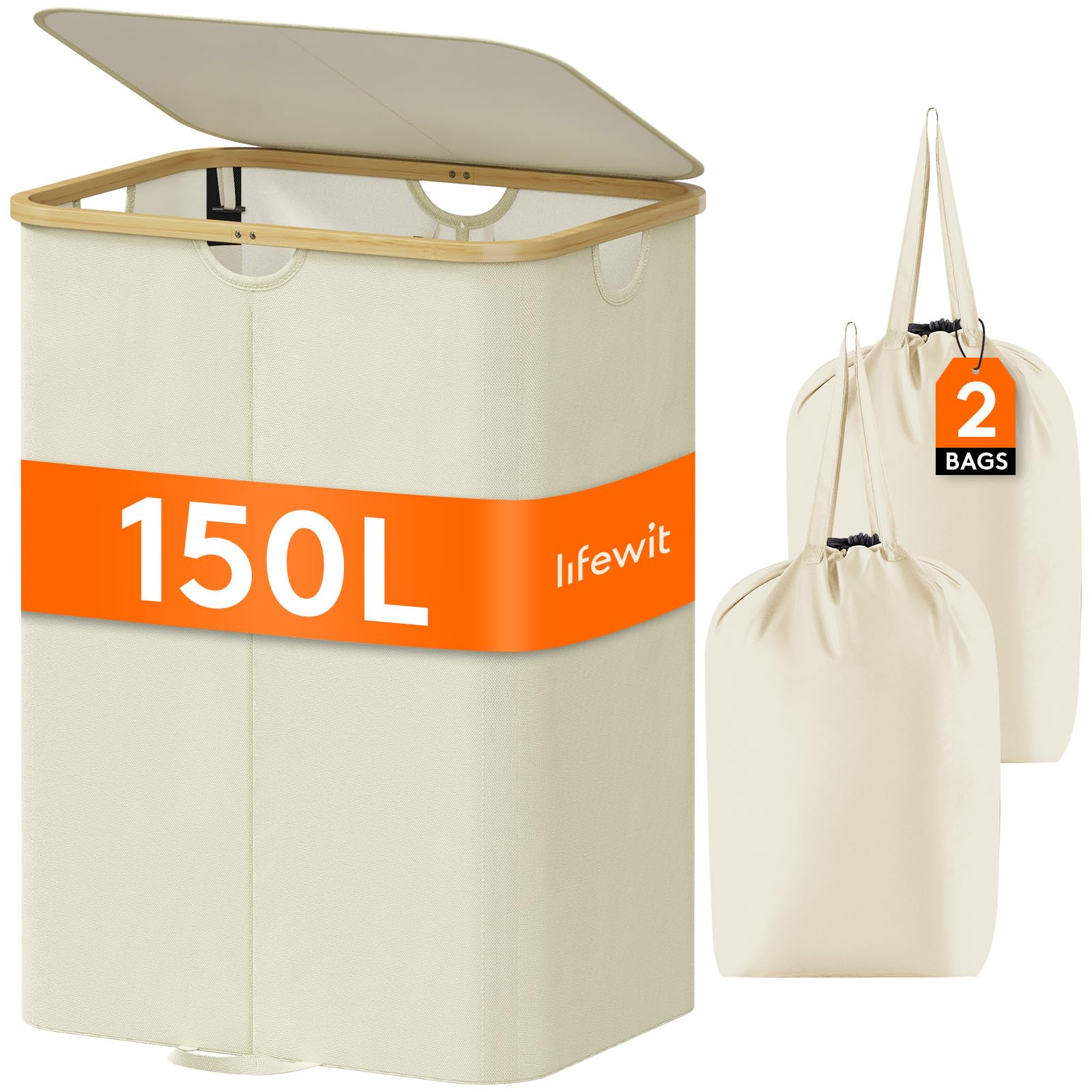 Lifewit 150L Laundry Basket with Lid | Foldable Hamper with Bamboo Handles